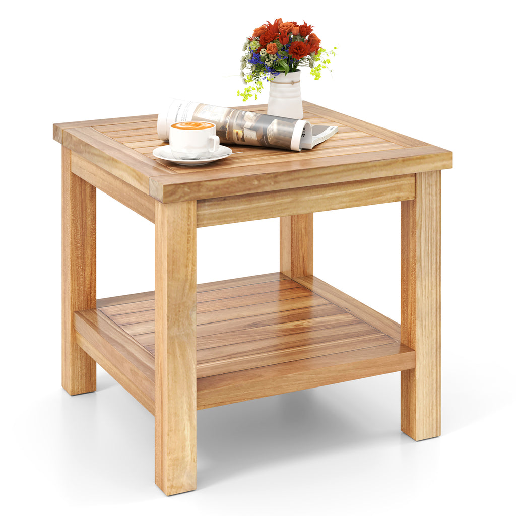Teak Wood Square Side Table with Open Shelf