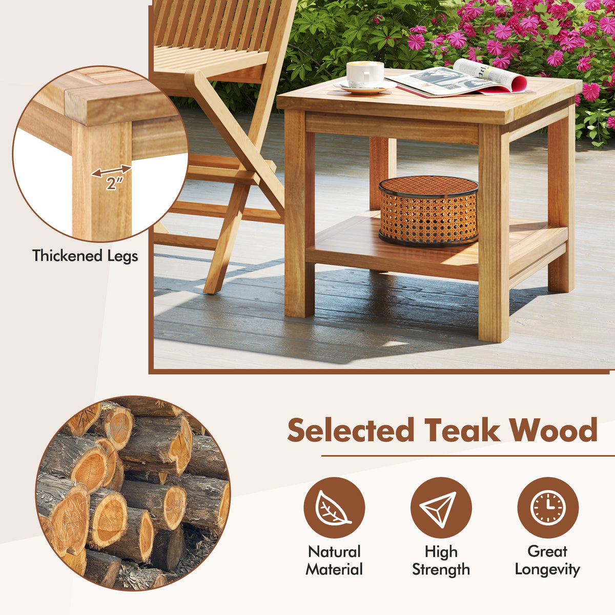 Teak Wood Square Side Table with Open Shelf