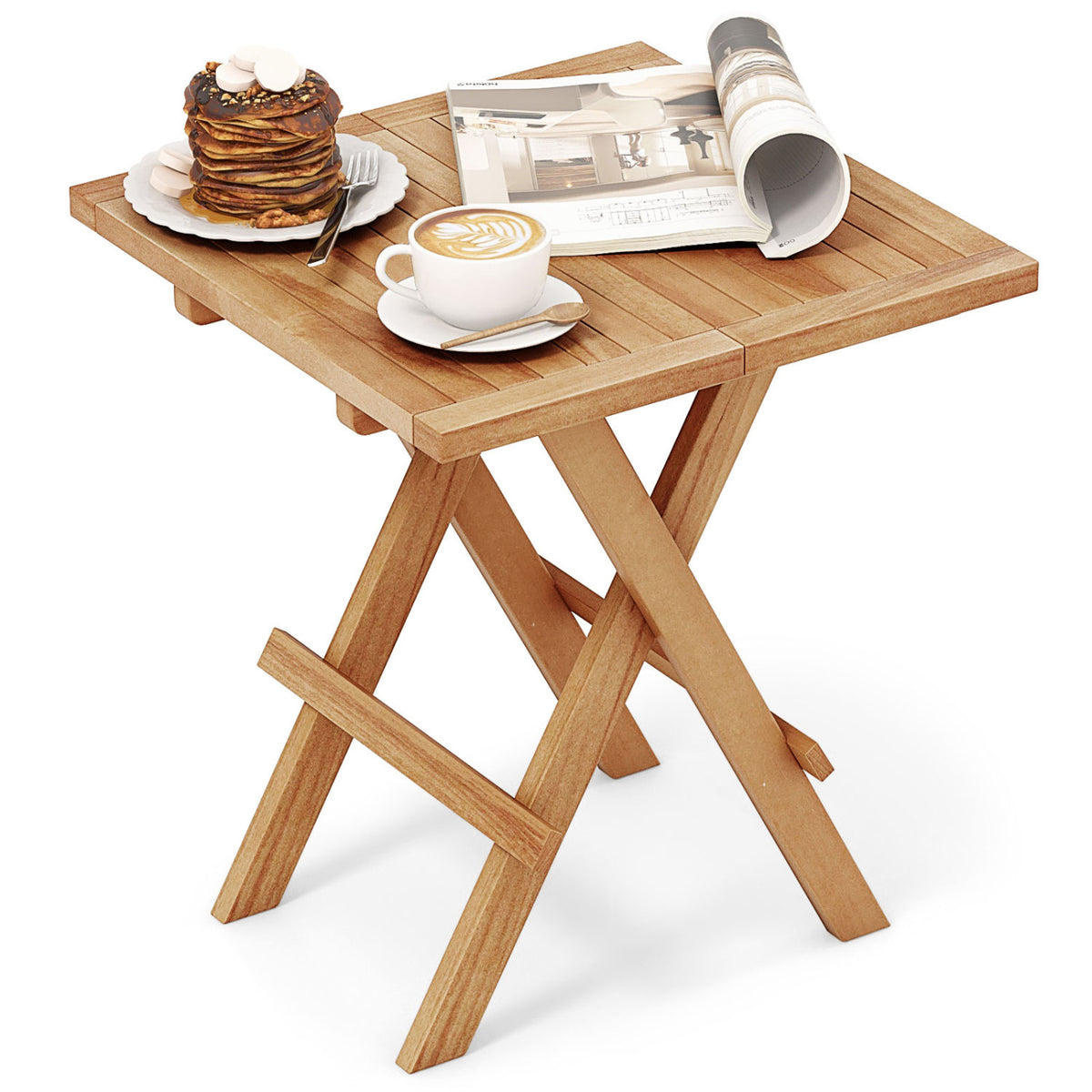 Teak Wood Square Coffee Table with X-shaped Legs and Slatted Tabletop