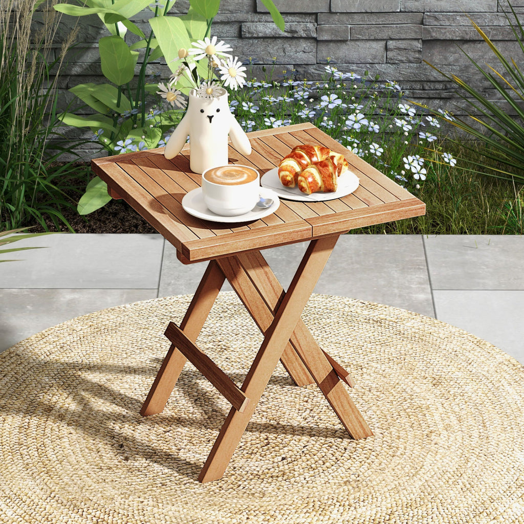 Teak Wood Square Coffee Table with X-shaped Legs and Slatted Tabletop