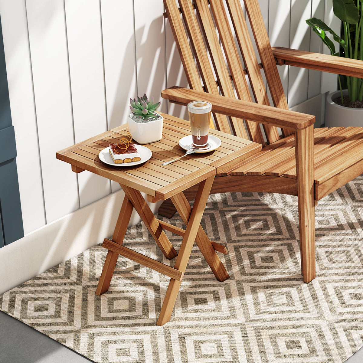 Teak Wood Square Coffee Table with X-shaped Legs and Slatted Tabletop