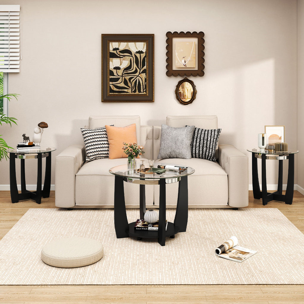 Tempered Glass Coffee Table Set of 3 - Black