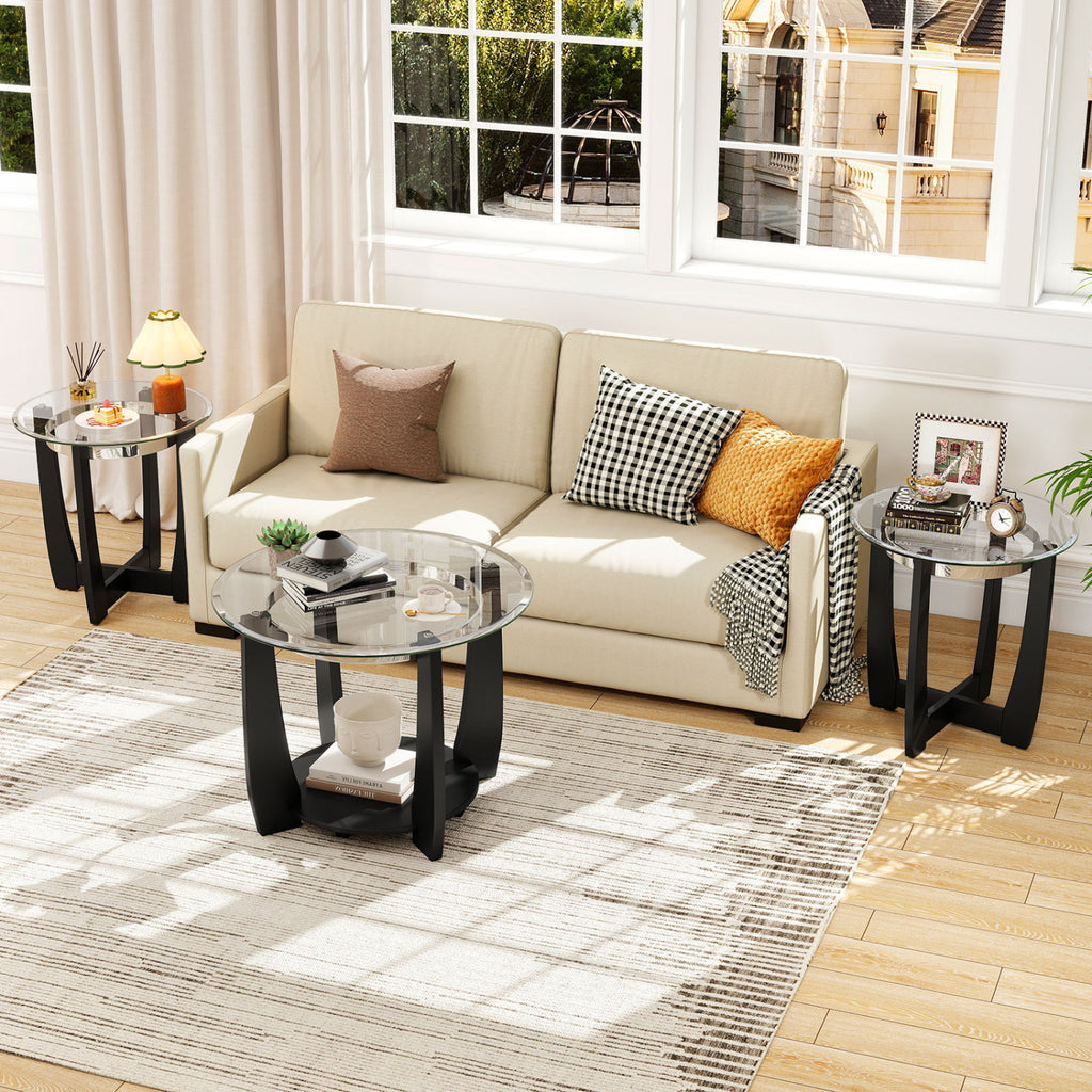 Tempered Glass Coffee Table Set of 3 - Black