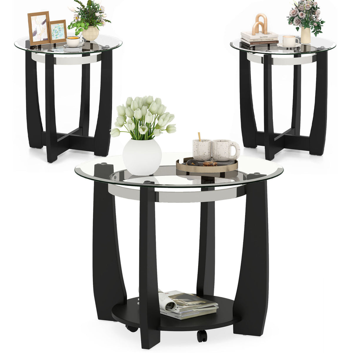 Tempered Glass Coffee Table Set of 3 - Black
