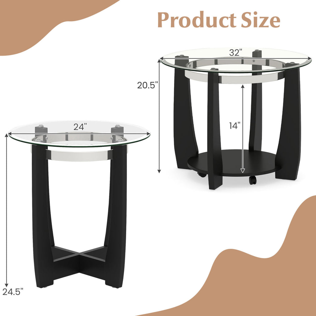 Tempered Glass Coffee Table Set of 3 - Black