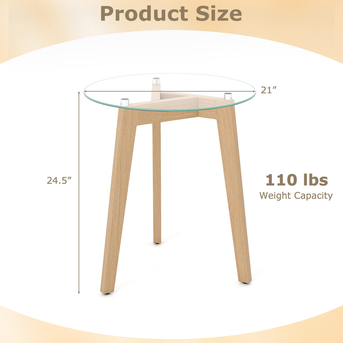 Tempered Glass End Table Round with Rubber Wood Legs