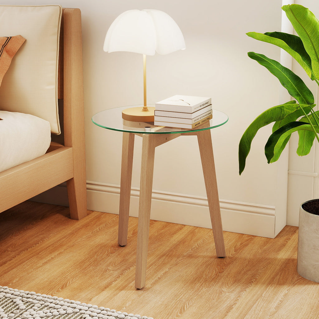 Tempered Glass End Table Round with Rubber Wood Legs – 1 Piece