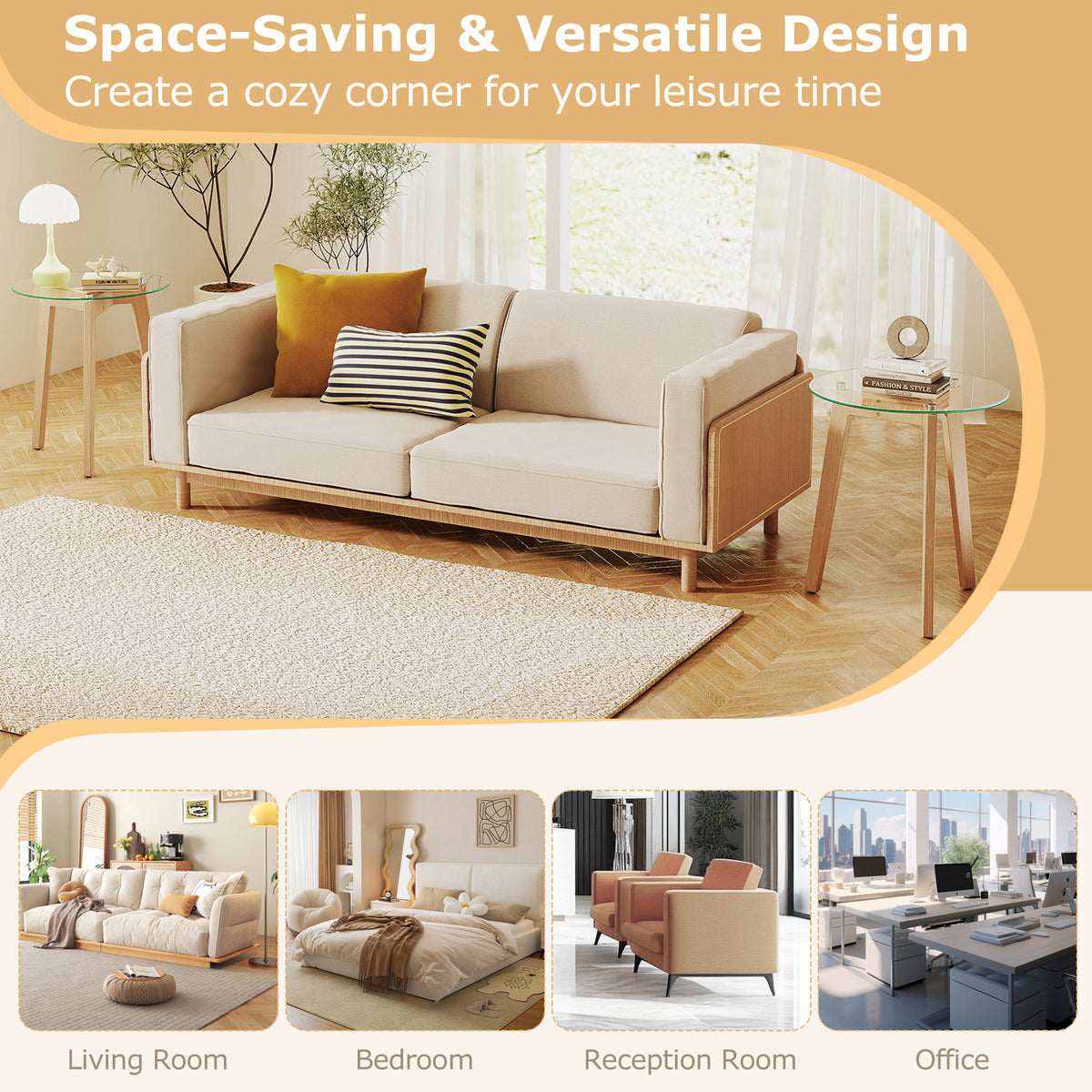 Tempered Glass End Table Round with Rubber Wood Legs – 1 Piece