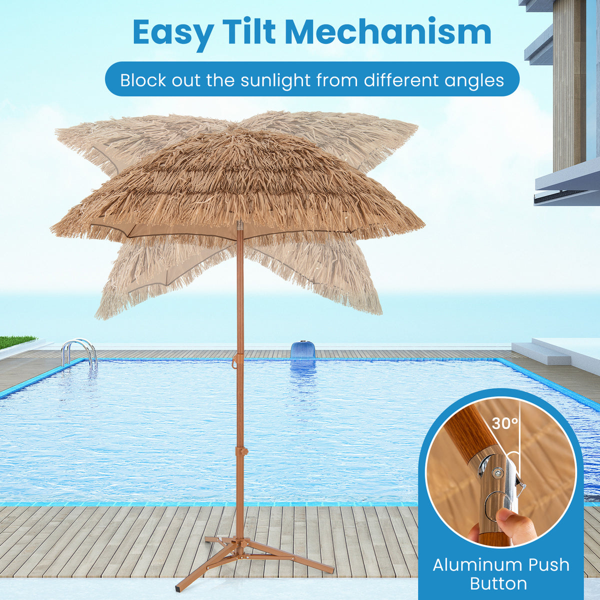 6.5 Feet Thatched Tiki Umbrella with Foldable Stand Push Button Tilt
