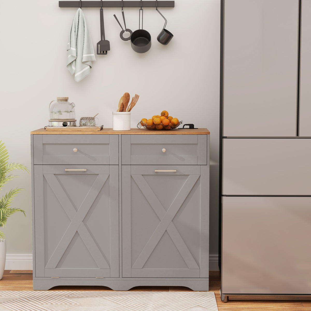 Tilt Out Trash Can Cabinet with Outlets - Gray