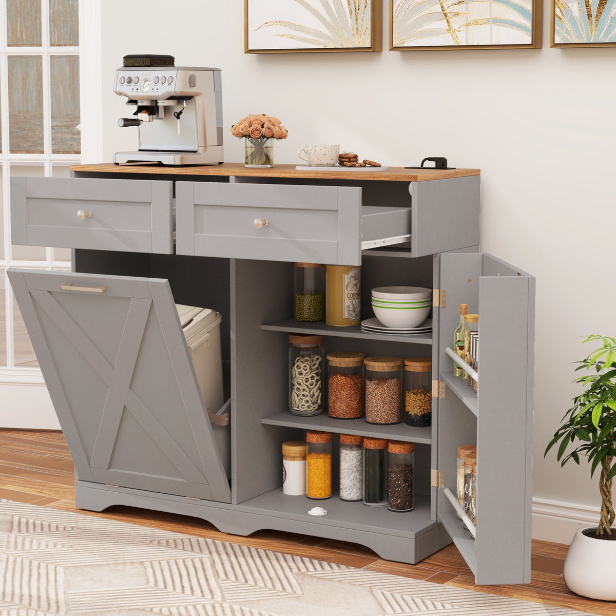 Tilt Out Trash Can Cabinet with Outlets, Gray