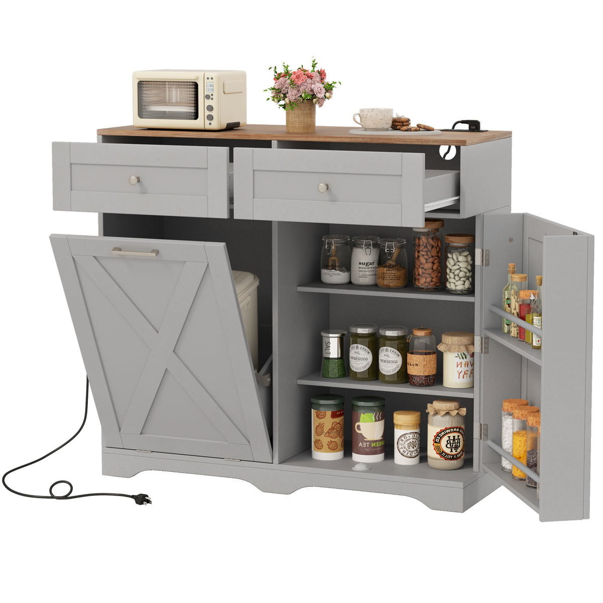 Tilt Out Trash Can Cabinet with Outlets - Gray