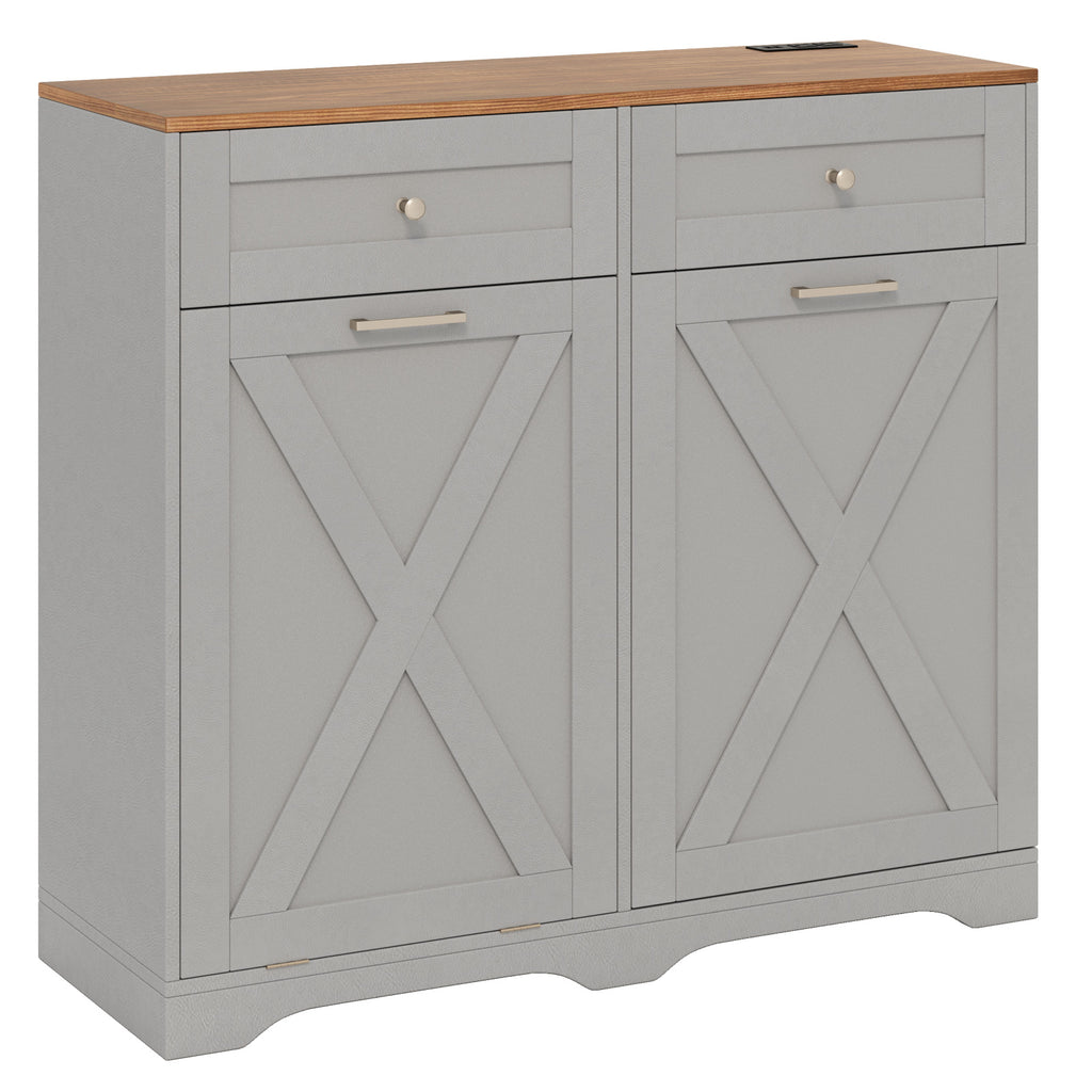 Tilt Out Trash Can Cabinet with Outlets - Gray