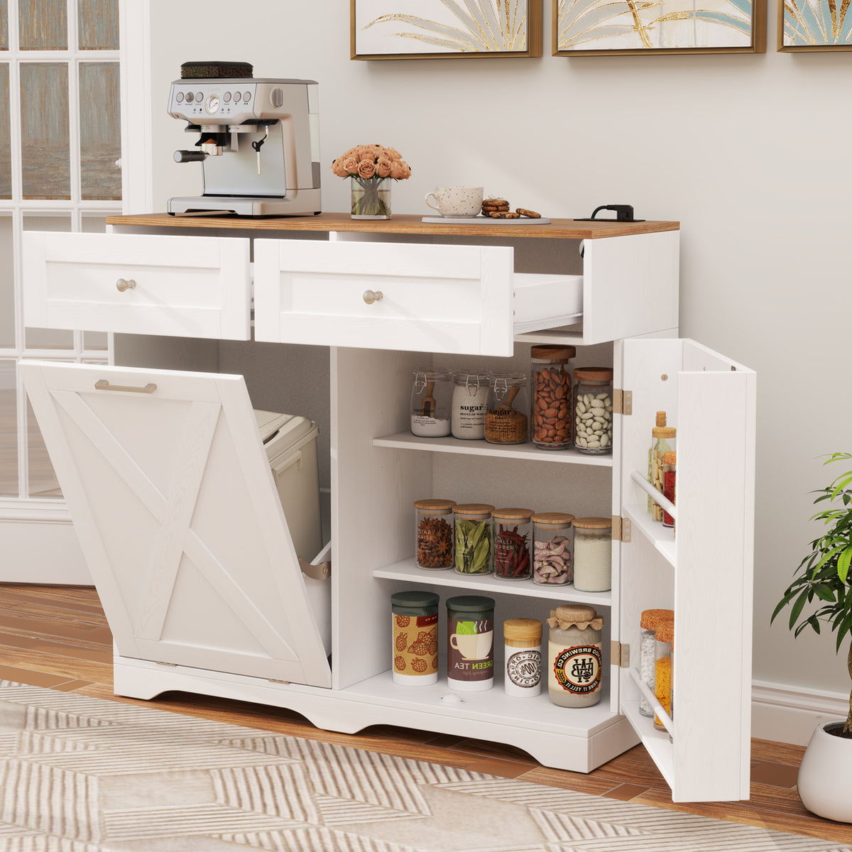Tilt Out Trash Can Cabinet with Outlets - White