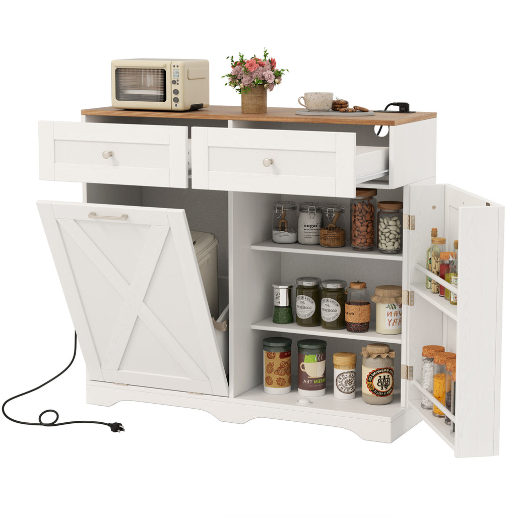 Tilt Out Trash Can Cabinet with Outlets - White