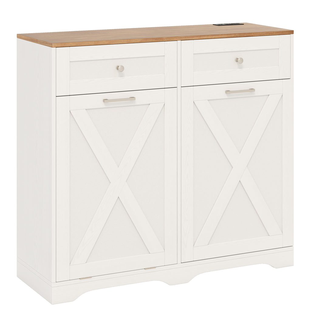 Tilt Out Trash Can Cabinet with Outlets - White
