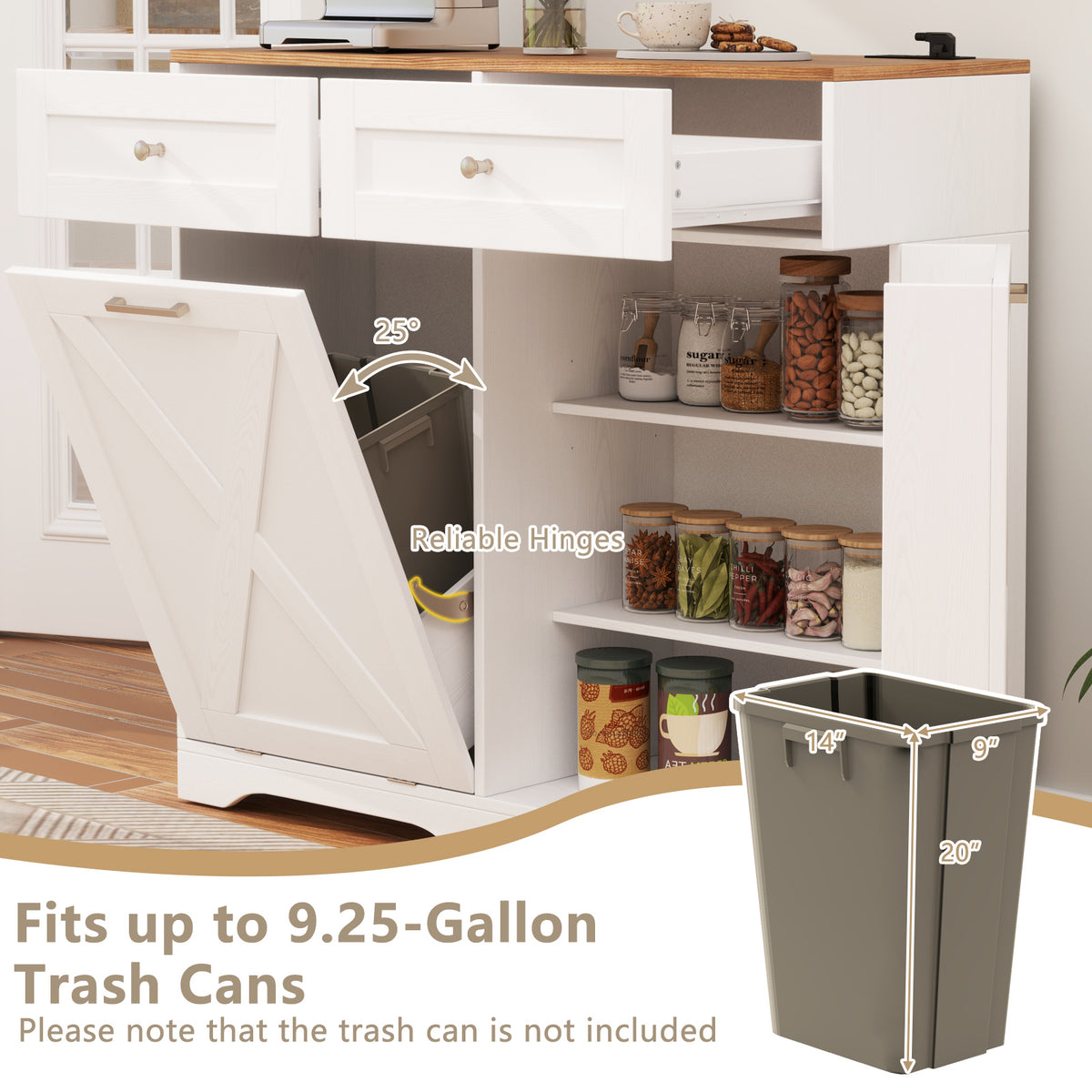 Tilt Out Trash Can Cabinet with Outlets - White