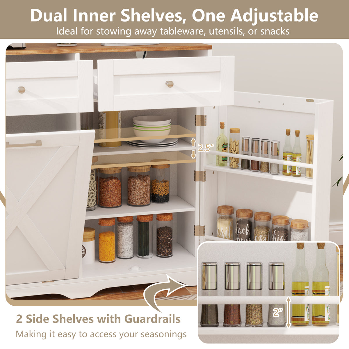 Tilt Out Trash Can Cabinet with Outlets and Shelf - White
