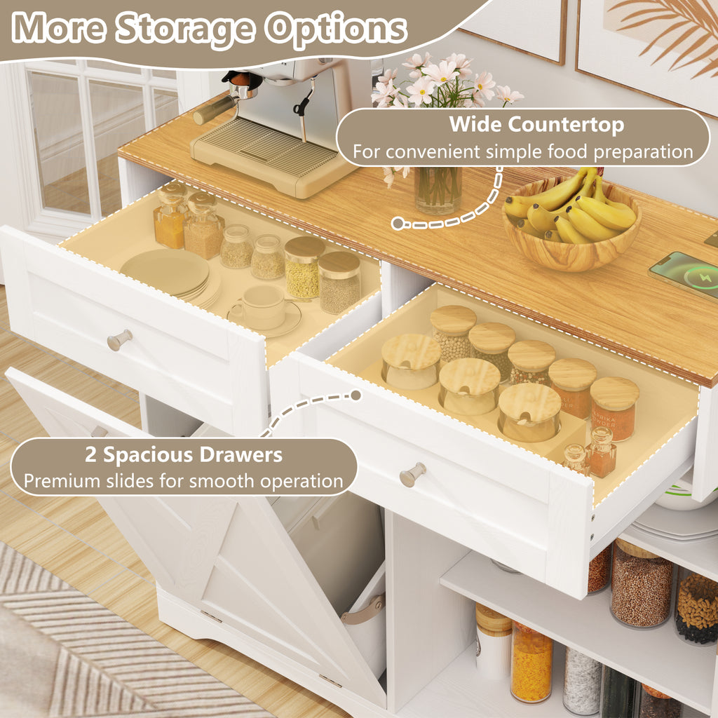 Tilt Out Trash Can Cabinet with Outlets and Shelf - White