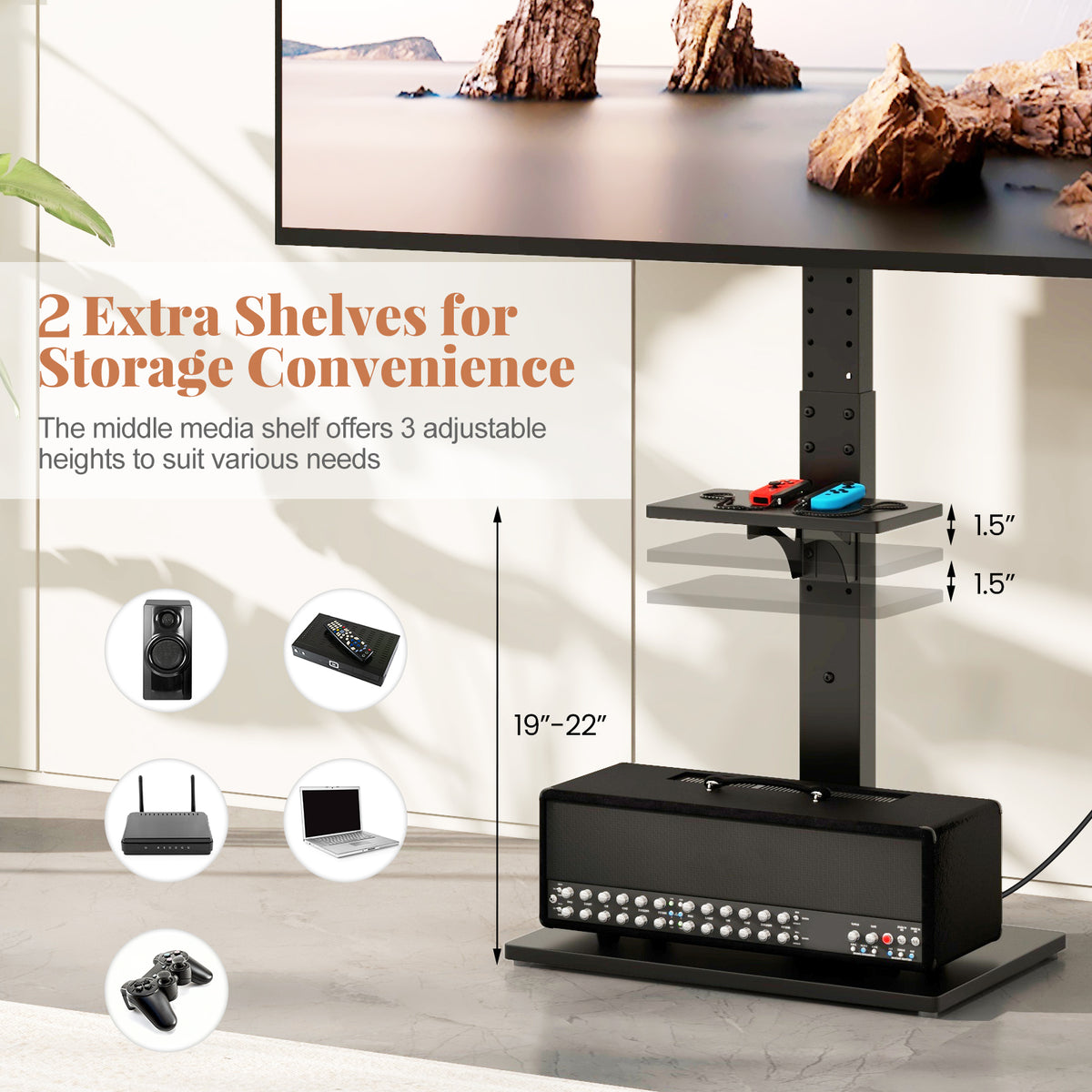 32-70" Floor TV Stand with Power Outlet & Adjustable Shelves