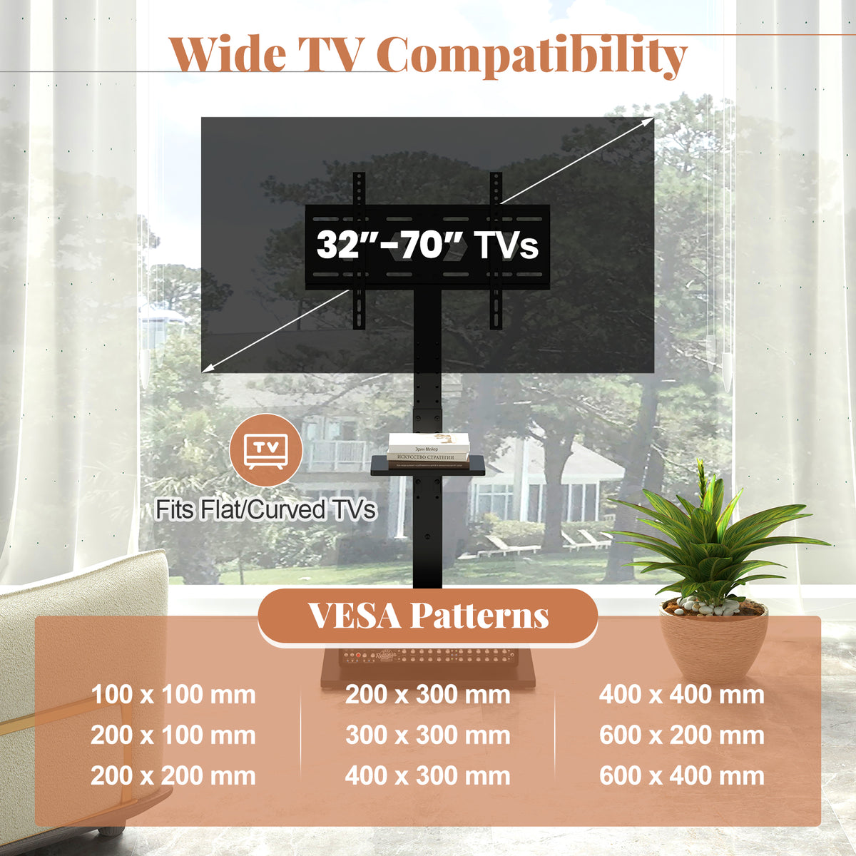 32-70" Floor TV Stand with Power Outlet & Adjustable Shelves