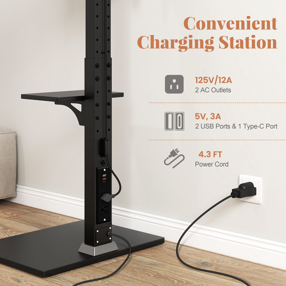 32-70" Floor TV Stand with Power Outlet & Adjustable Shelves