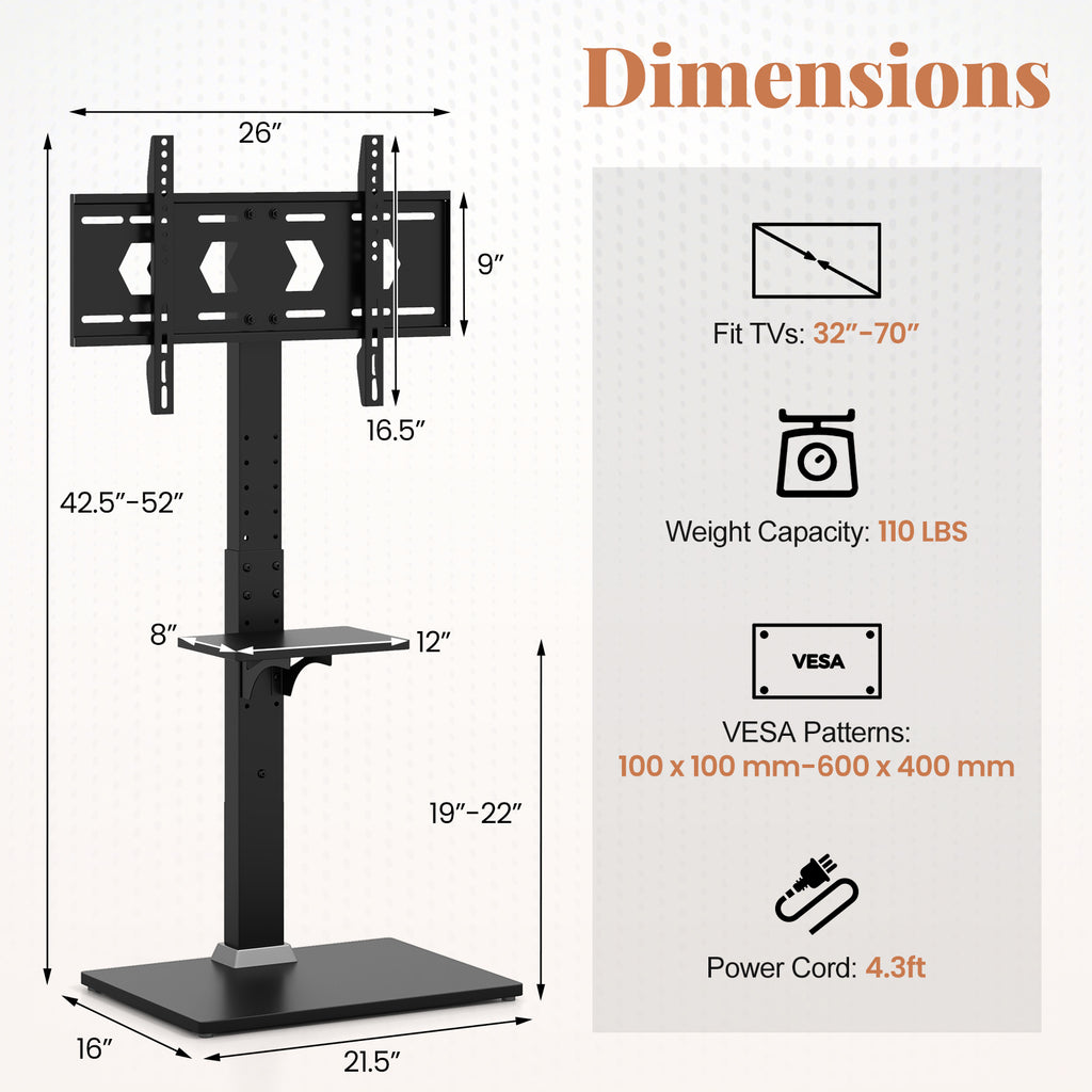 32-70" Floor TV Stand with Power Outlet & Adjustable Shelves