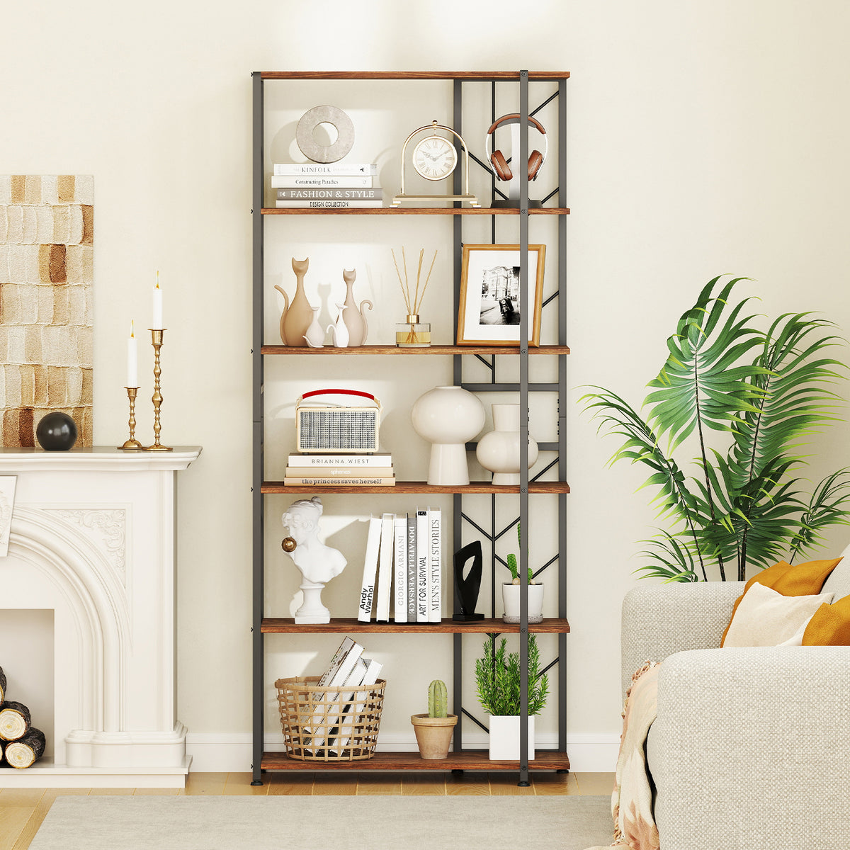 6-Tier Bookshelf with Metal Frame & Anti-Tipping Kits - Rustic Brown