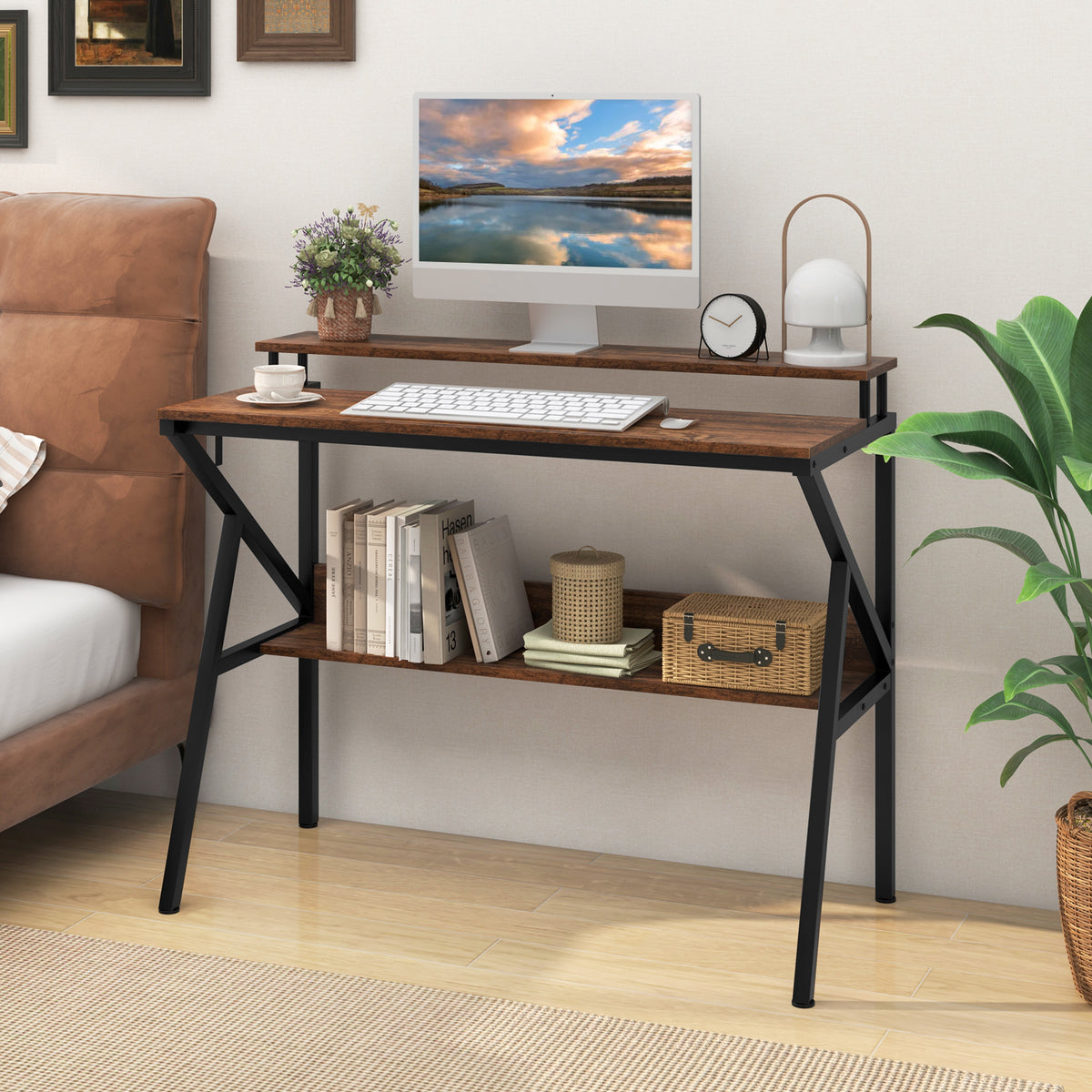 Computer Desk with Monitor Stand and Storage Shelf - Black