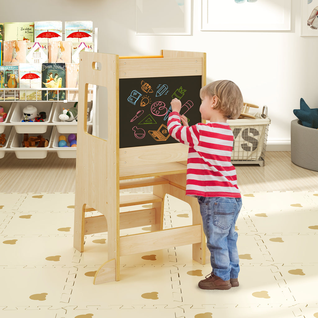 Natural Toddler Kitchen Step Stool with Chalkboard & Adjustable Height