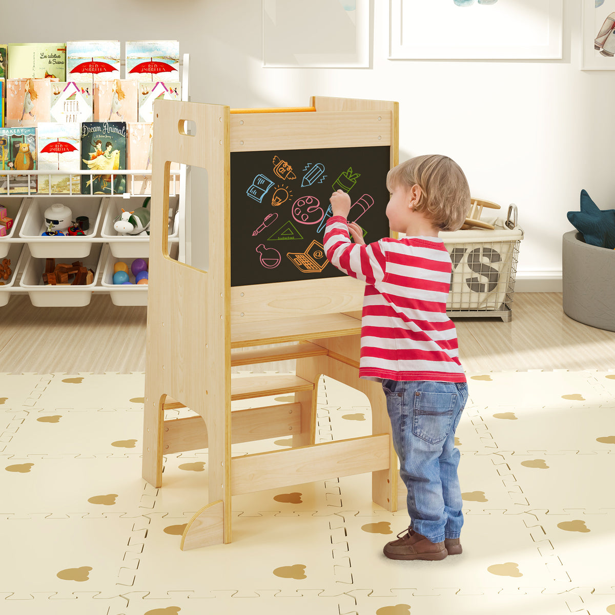 Natural Toddler Kitchen Step Stool with Chalkboard & Adjustable Height