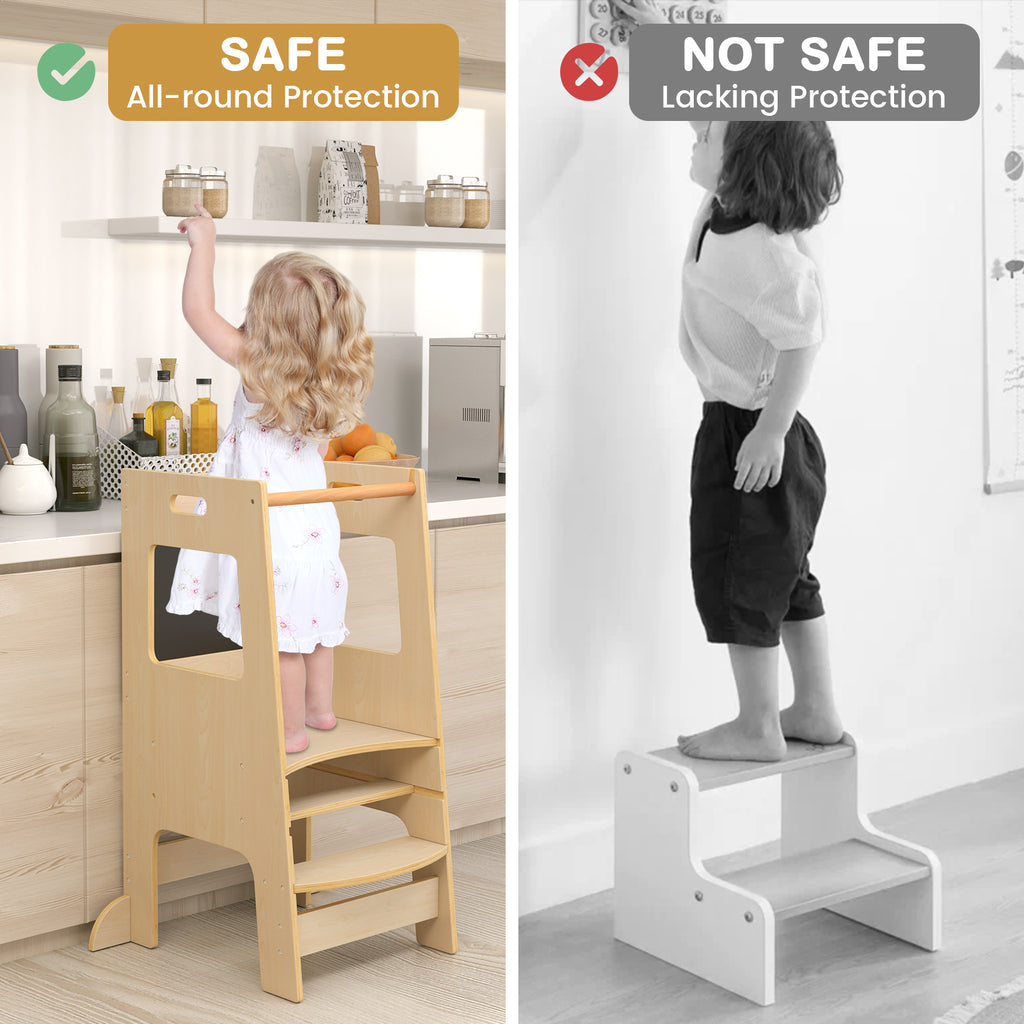 Natural Toddler Kitchen Step Stool with Chalkboard & Adjustable Height