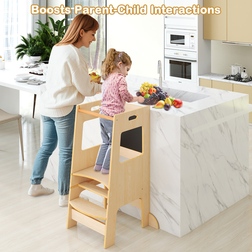 Natural Toddler Kitchen Step Stool with Chalkboard & Adjustable Height