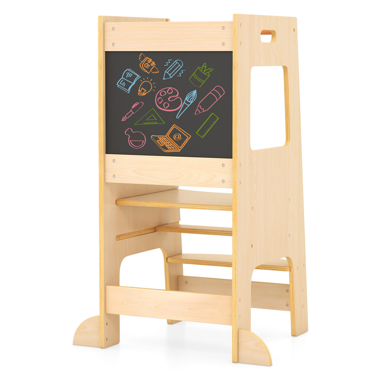 Natural Toddler Kitchen Step Stool with Chalkboard & Adjustable Height