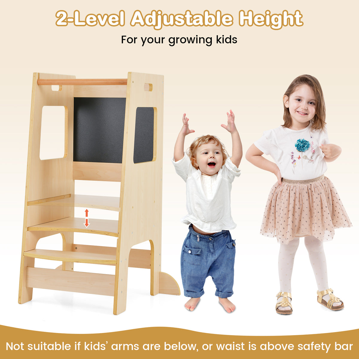 Natural Toddler Kitchen Step Stool with Chalkboard & Adjustable Height