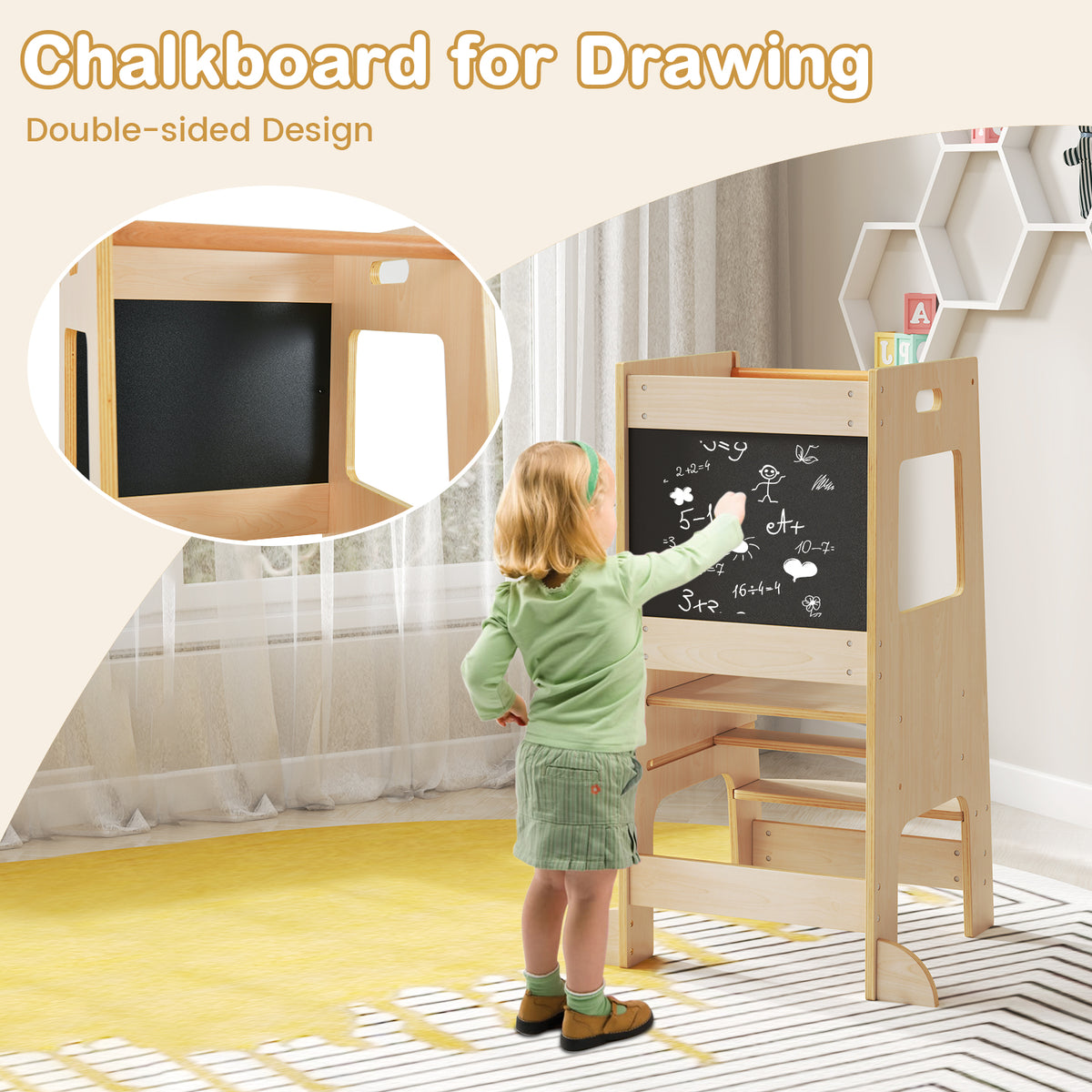 Natural Toddler Kitchen Step Stool with Chalkboard & Adjustable Height