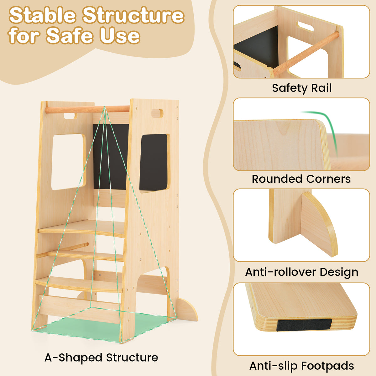 Natural Toddler Kitchen Step Stool with Chalkboard & Adjustable Height