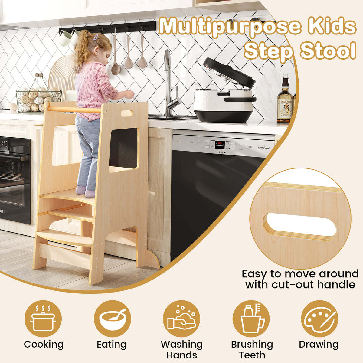 Natural Toddler Kitchen Step Stool with Chalkboard & Adjustable Height