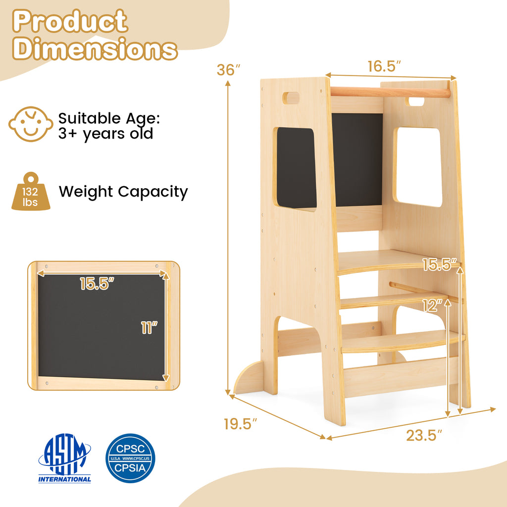 Natural Toddler Kitchen Step Stool with Chalkboard & Adjustable Height