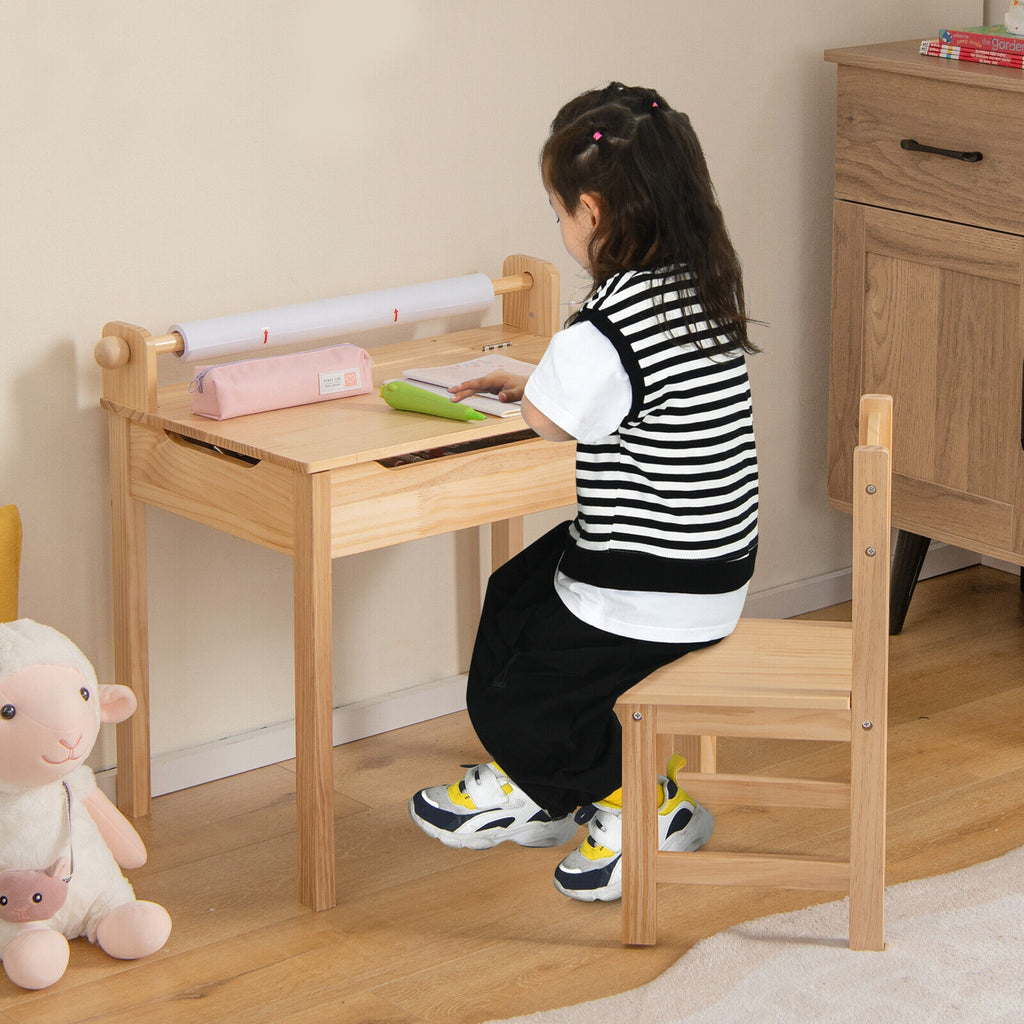 Multifunctional Toddler Activity Table and Chair Set with Paper Roll Holder - Natural Variation