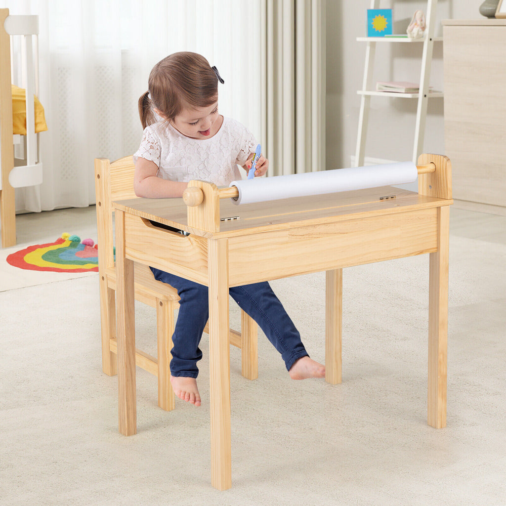 Multifunctional Toddler Activity Table and Chair Set with Paper Roll Holder - Natural Variation