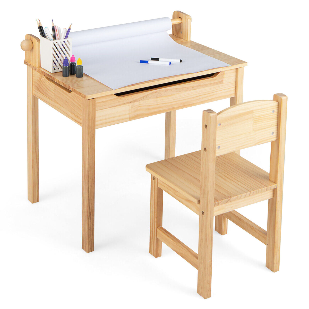 Multifunctional Toddler Activity Table and Chair Set with Paper Roll Holder - Natural Variation