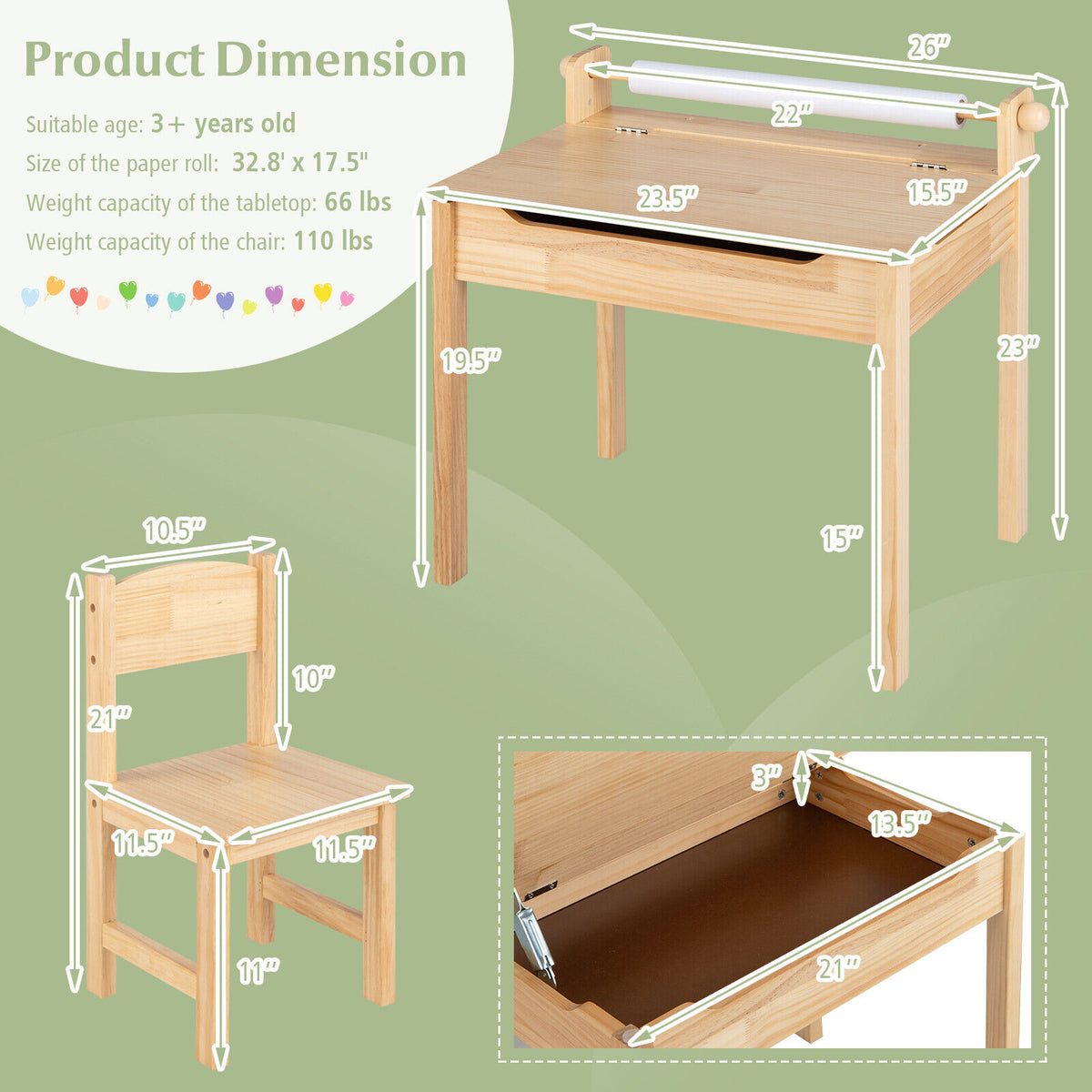 Multifunctional Toddler Activity Table and Chair Set with Paper Roll Holder - Natural Variation