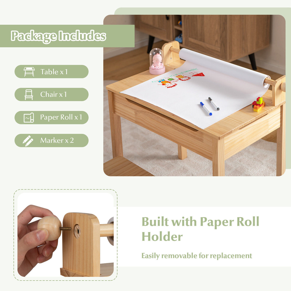 Multifunctional Toddler Activity Table and Chair Set with Paper Roll Holder - Natural Variation
