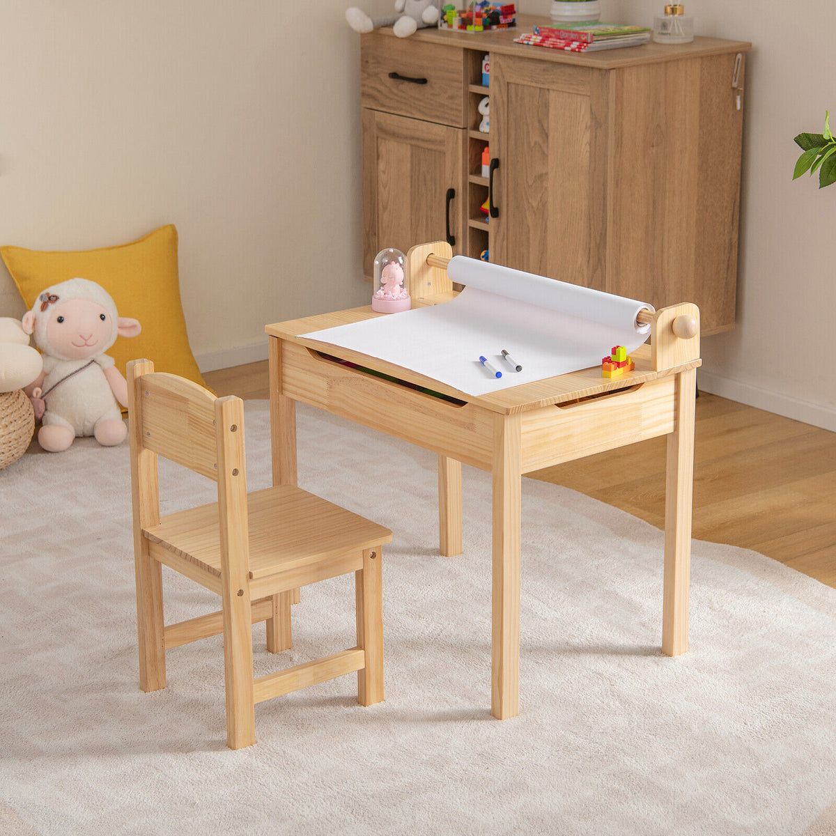 Multifunctional Toddler Activity Table and Chair Set with Paper Roll Holder - Natural Variation