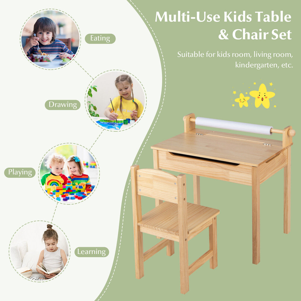 Multifunctional Toddler Activity Table and Chair Set with Paper Roll Holder - Natural Variation