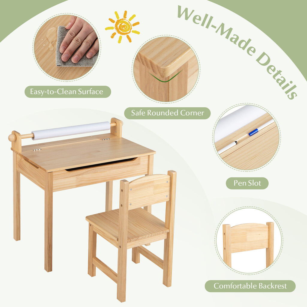 Multifunctional Toddler Activity Table and Chair Set with Paper Roll Holder - Natural Variation