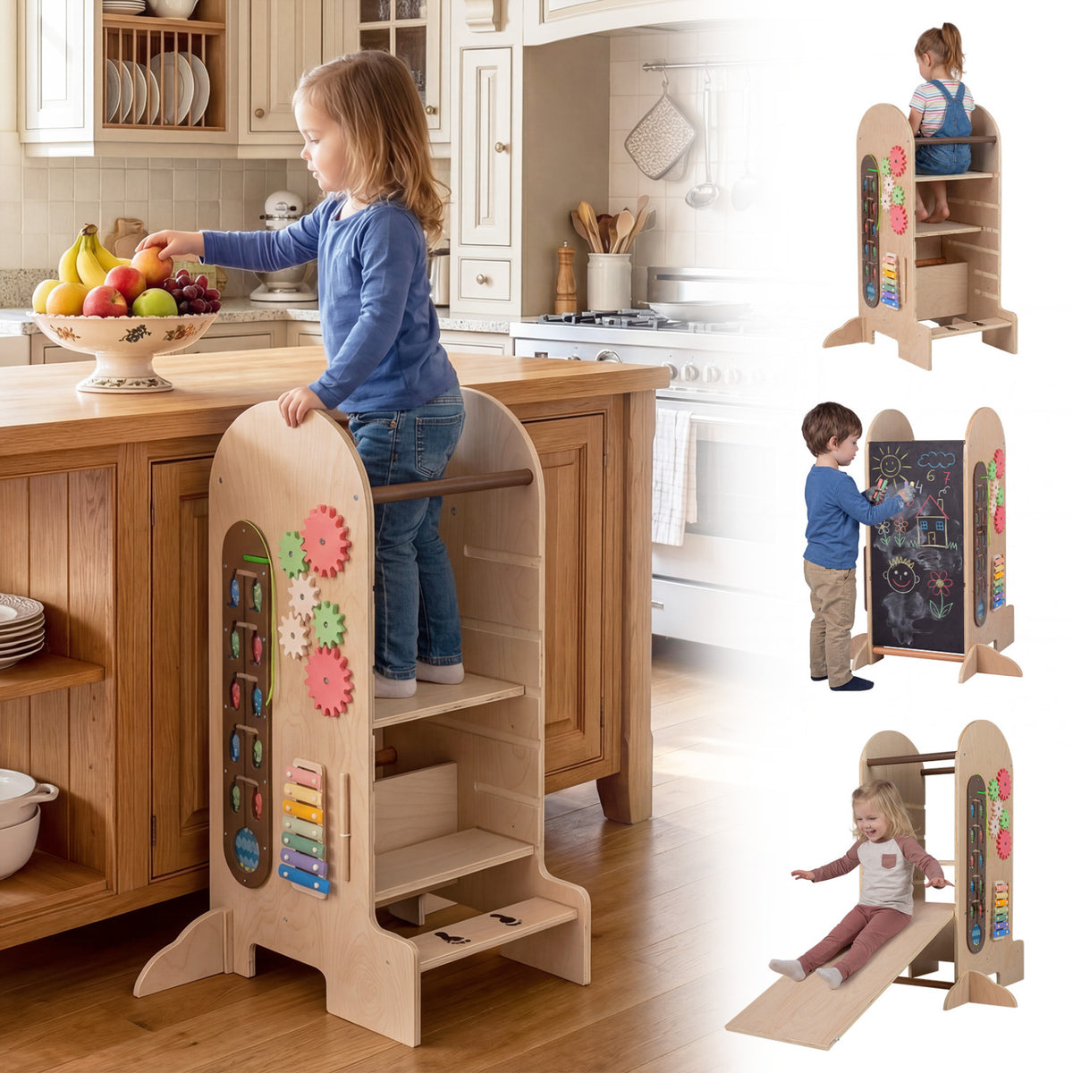 Kids Standing Tower with Chalkboard & Slide - Adjustable Height Toddler Step Stool