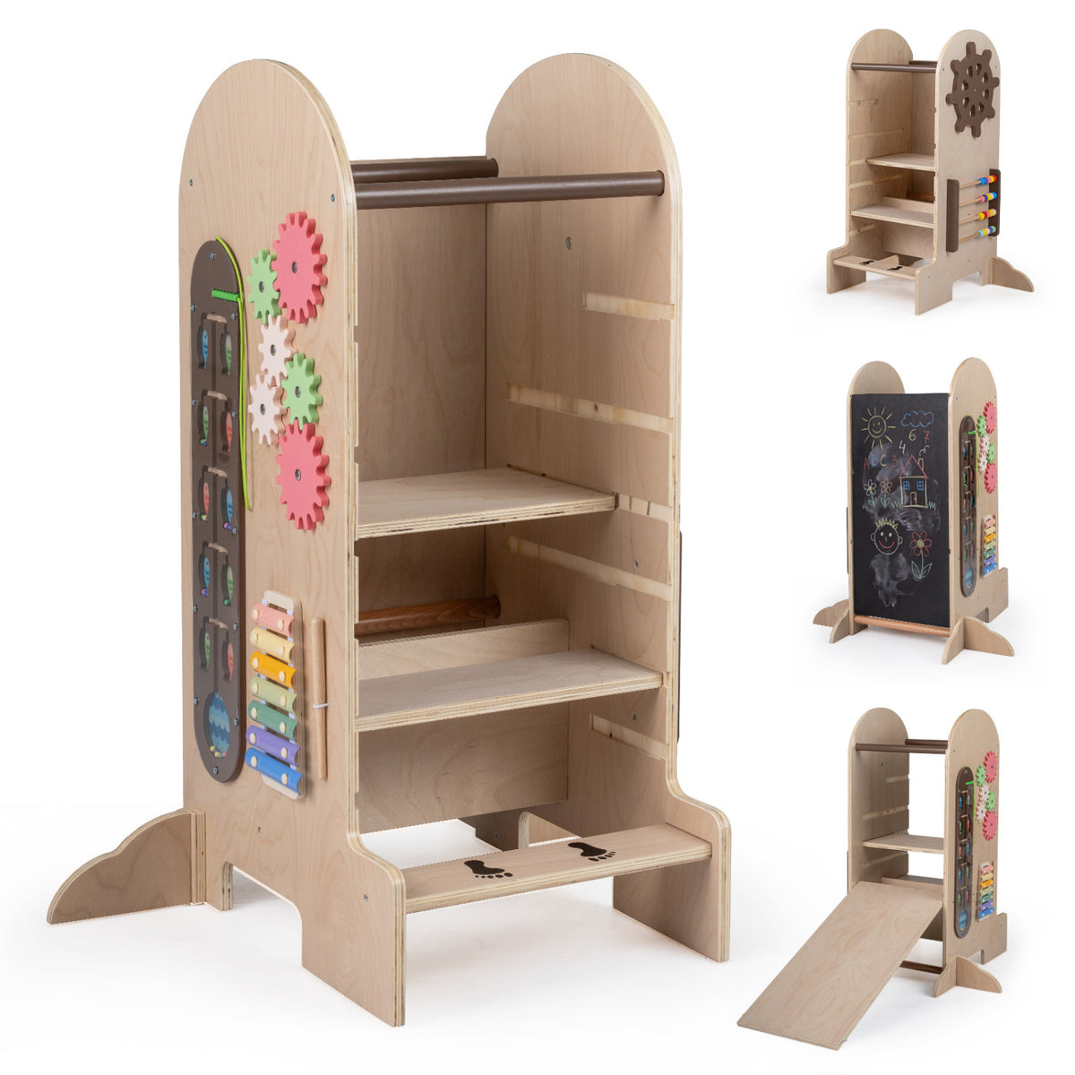 Kids Standing Tower with Chalkboard & Slide - Adjustable Height Toddler Step Stool