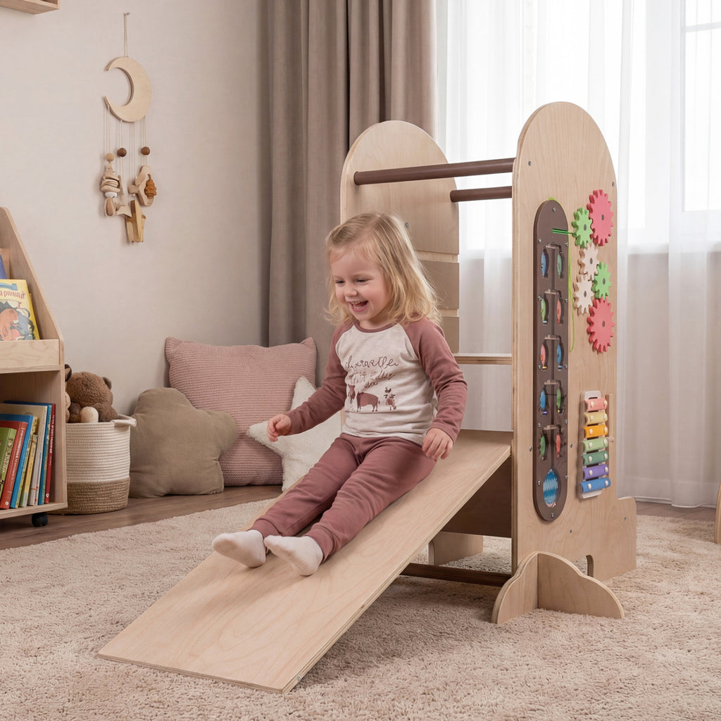 Kids Standing Tower with Chalkboard & Slide - Adjustable Height Toddler Step Stool